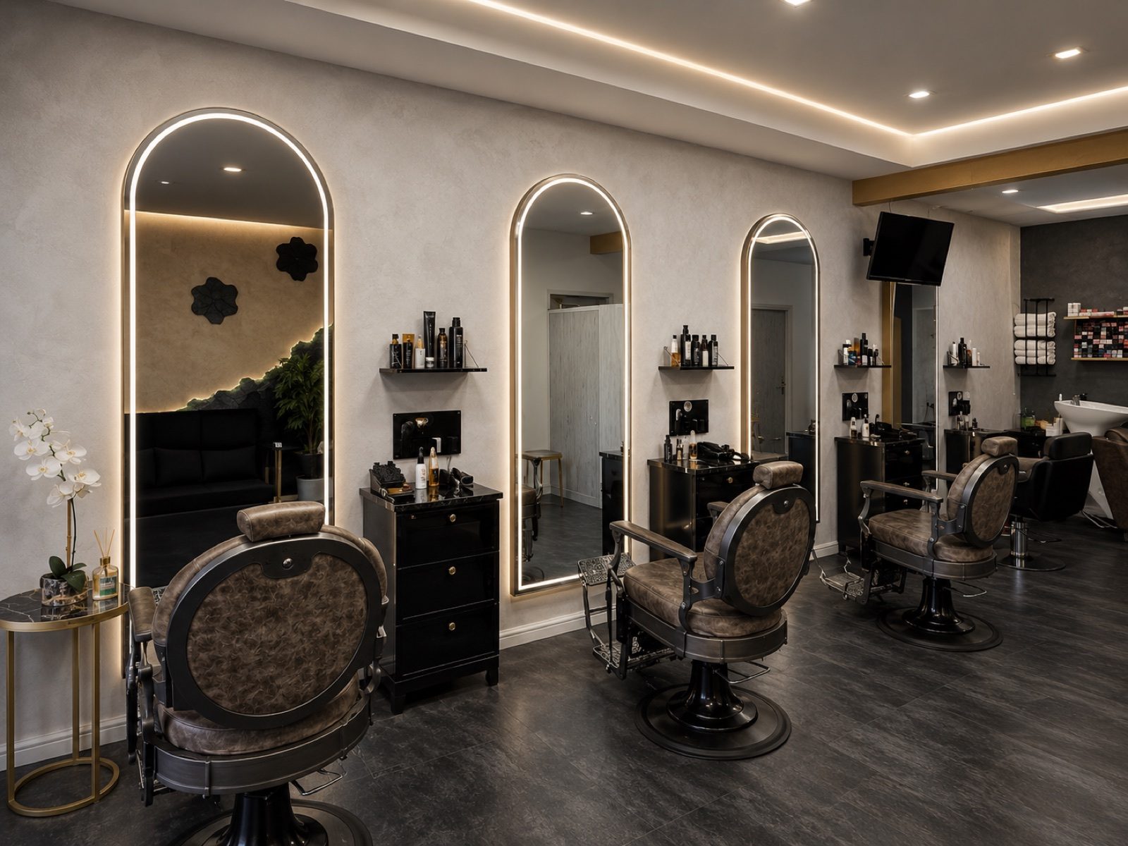 A calm row of vintage styling chairs and arched mirrors at Empire Hair & Beauty in Corby